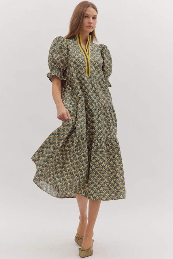 Botanical Print Puff Sleeve Dress- Hunter Green
