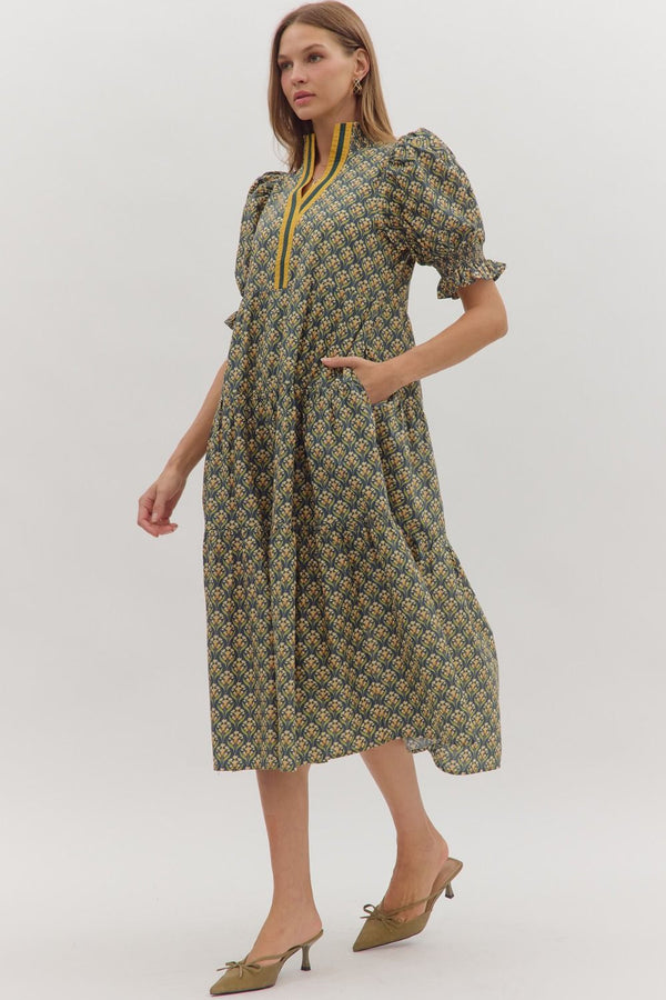 Botanical Print Puff Sleeve Dress- Hunter Green