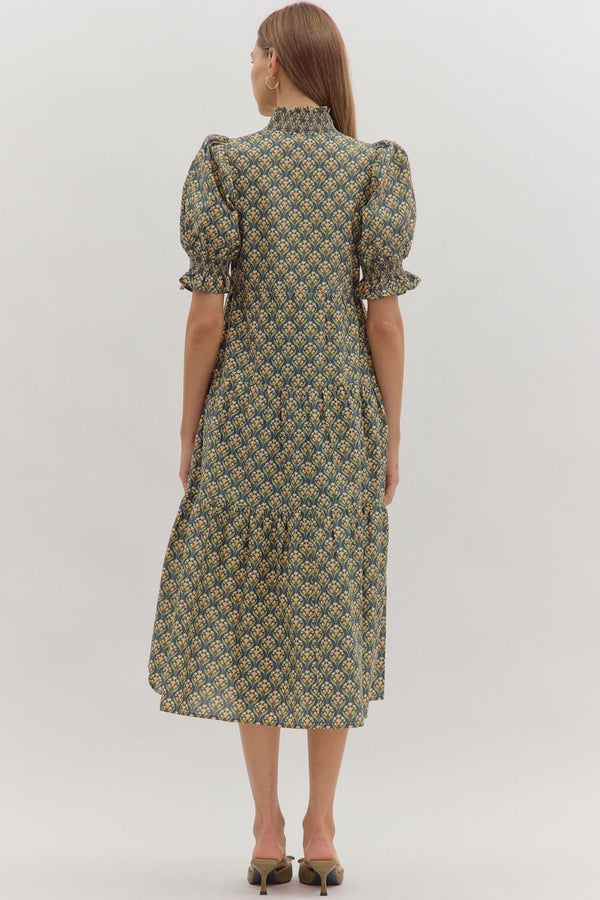 Botanical Print Puff Sleeve Dress- Hunter Green