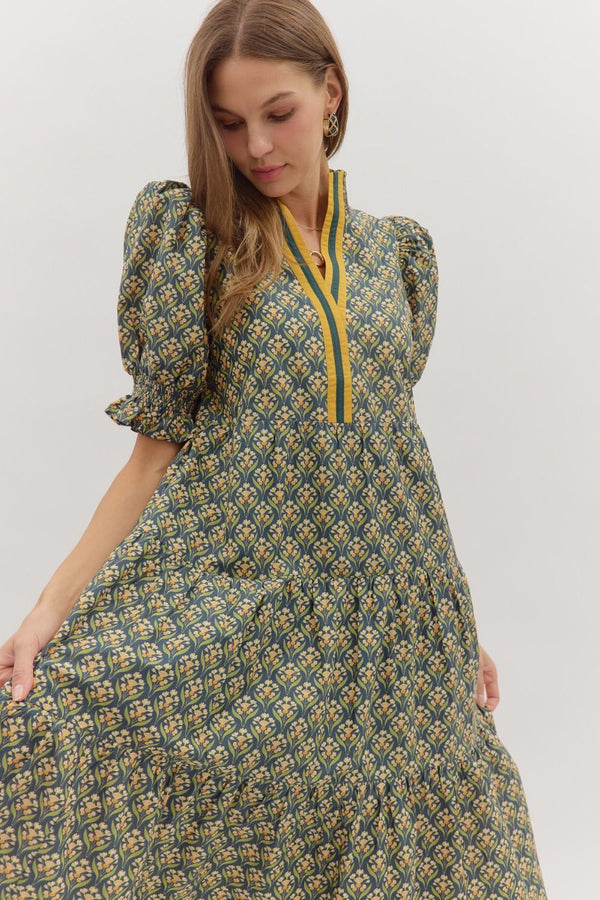 Botanical Print Puff Sleeve Dress- Hunter Green