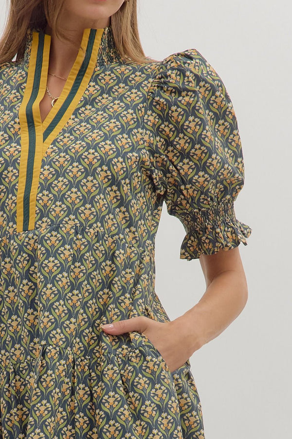 Botanical Print Puff Sleeve Dress- Hunter Green