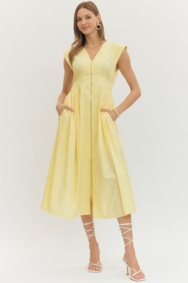 Solid V-Neck Zip-Up Dress- Yellow Adult Large