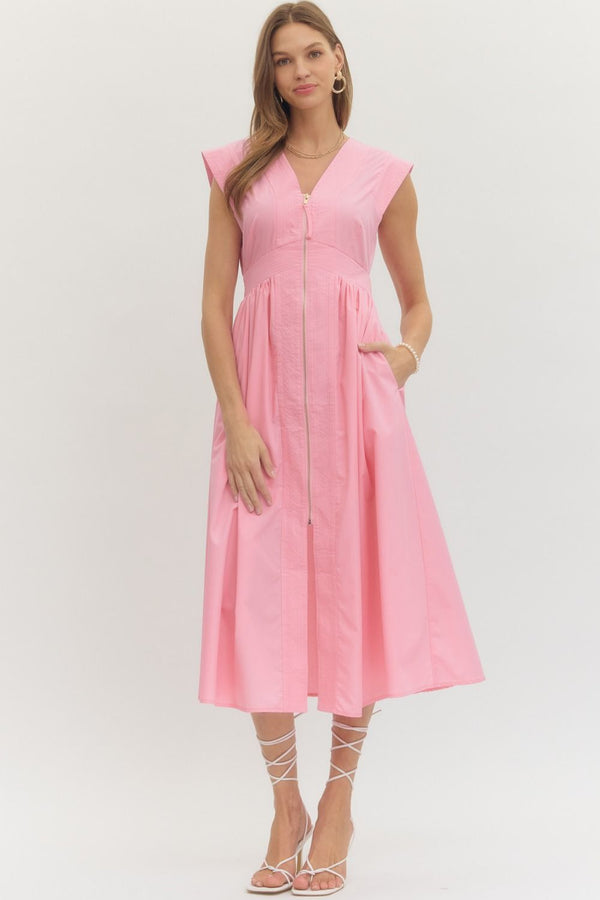Solid V-Neck Zip-Up Dress- Lt. Pink
