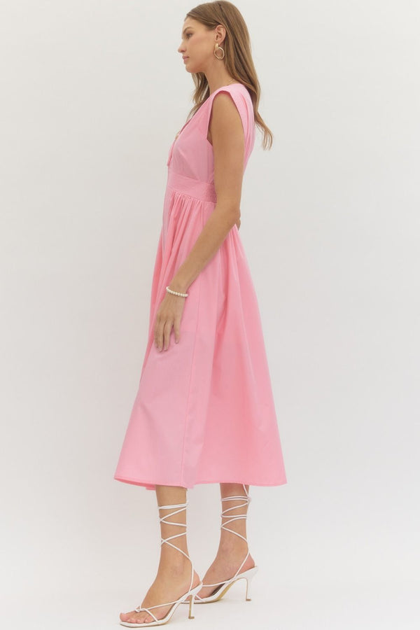 Solid V-Neck Zip-Up Dress- Lt. Pink