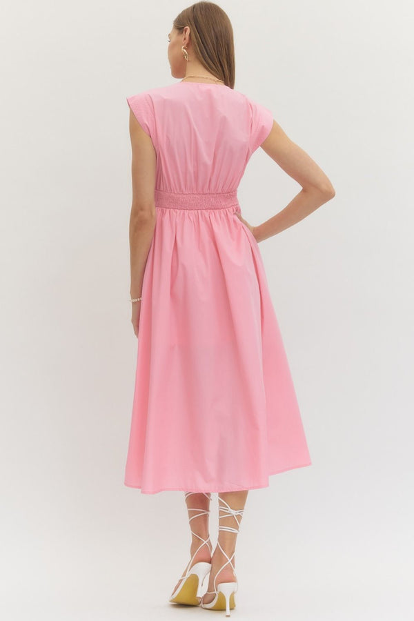 Solid V-Neck Zip-Up Dress- Lt. Pink