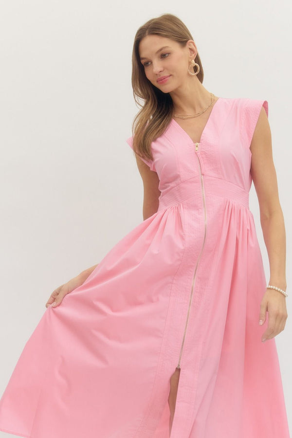 Solid V-Neck Zip-Up Dress- Lt. Pink