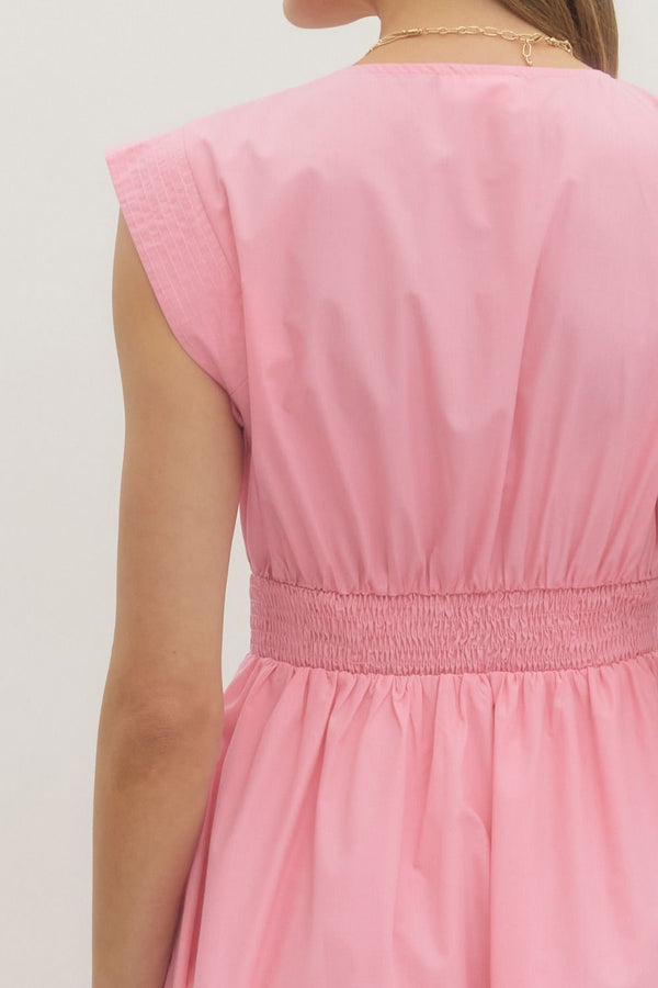 Solid V-Neck Zip-Up Dress- Lt. Pink