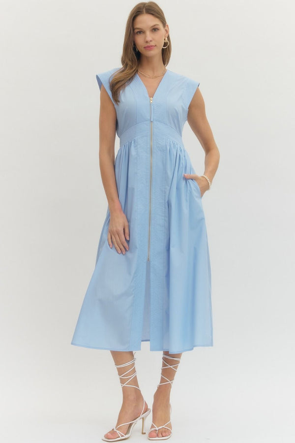 Solid V-Neck Zip-Up Dress- Lt. Blue