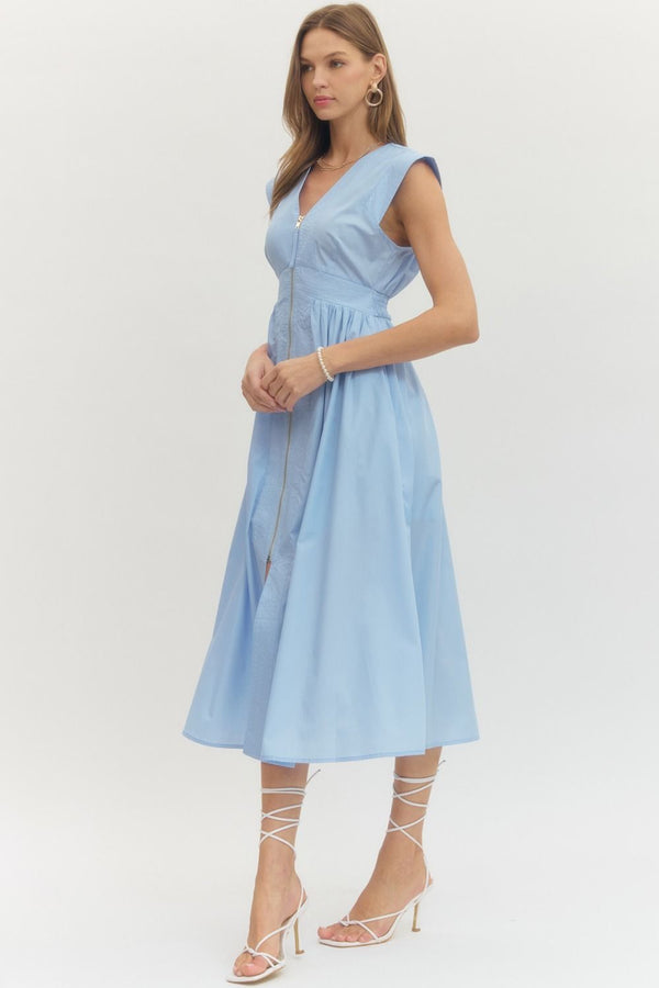 Solid V-Neck Zip-Up Dress- Lt. Blue