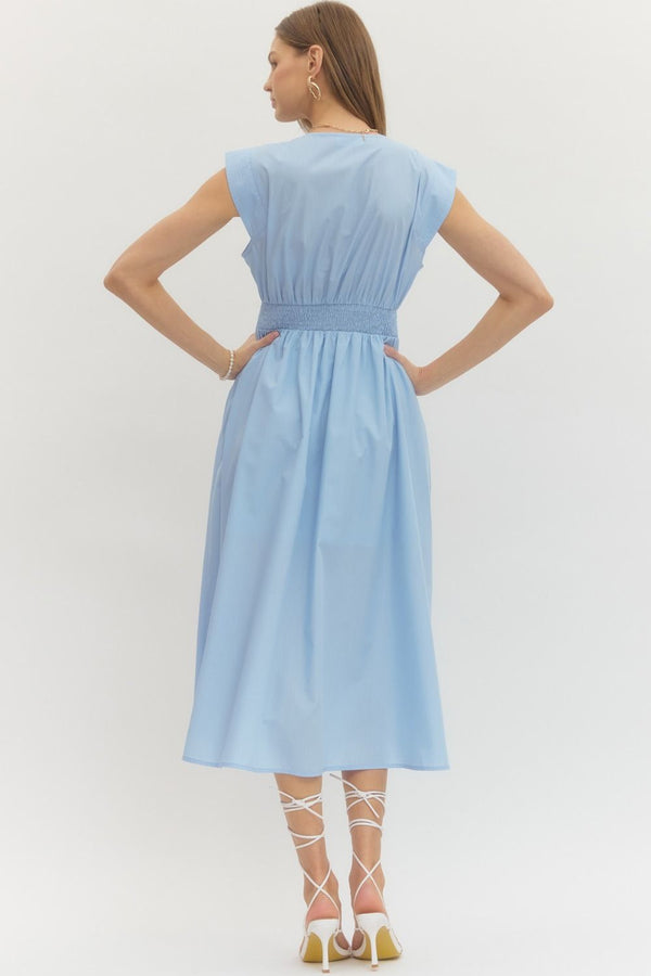 Solid V-Neck Zip-Up Dress- Lt. Blue