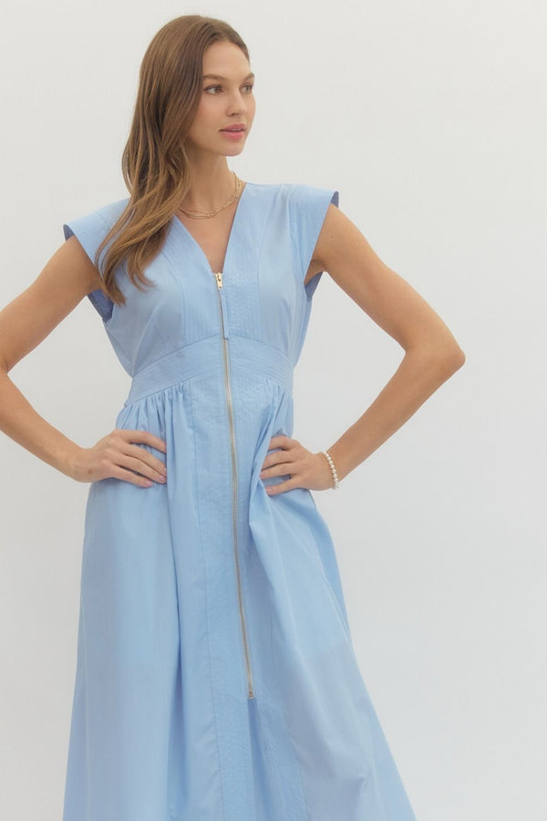 Solid V-Neck Zip-Up Dress- Lt. Blue
