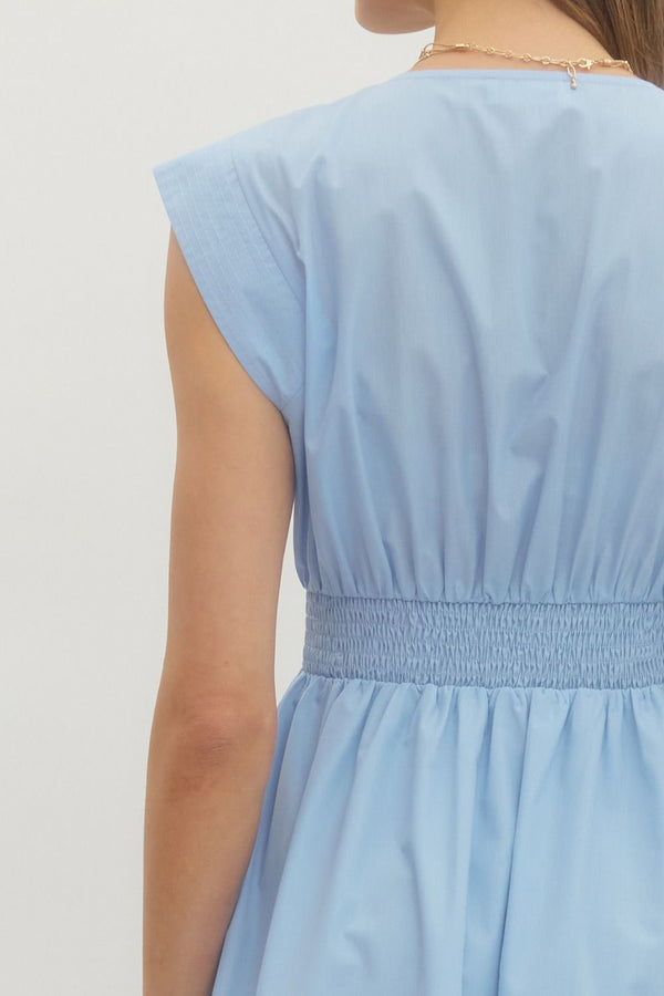 Solid V-Neck Zip-Up Dress- Lt. Blue