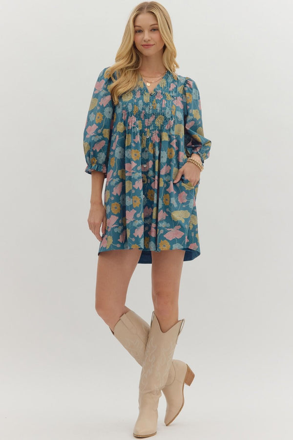 Floral 3/4 Sleeve V-Neck Dress- Teal