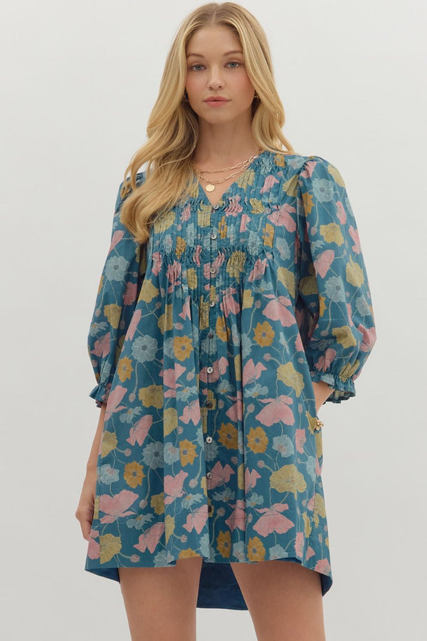 Floral 3/4 Sleeve V-Neck Dress- Teal