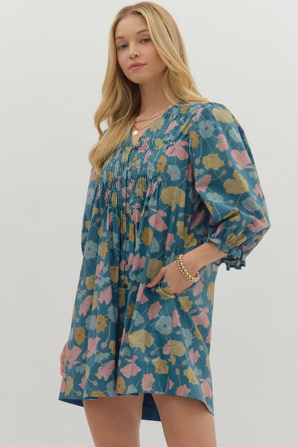 Floral 3/4 Sleeve V-Neck Dress- Teal