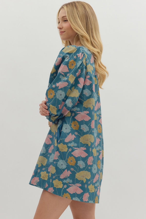 Floral 3/4 Sleeve V-Neck Dress- Teal