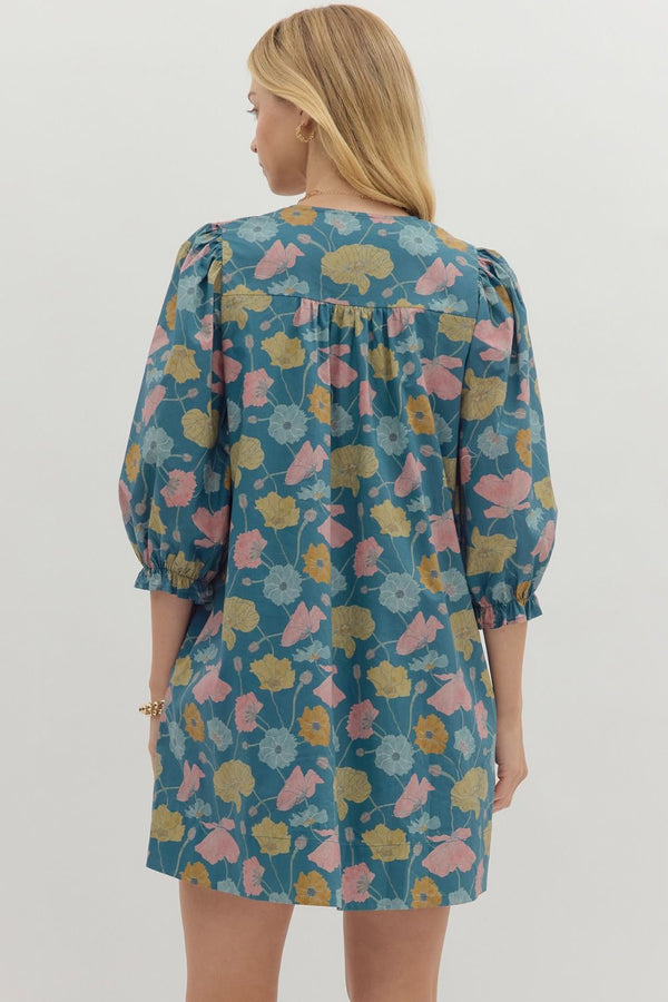 Floral 3/4 Sleeve V-Neck Dress- Teal