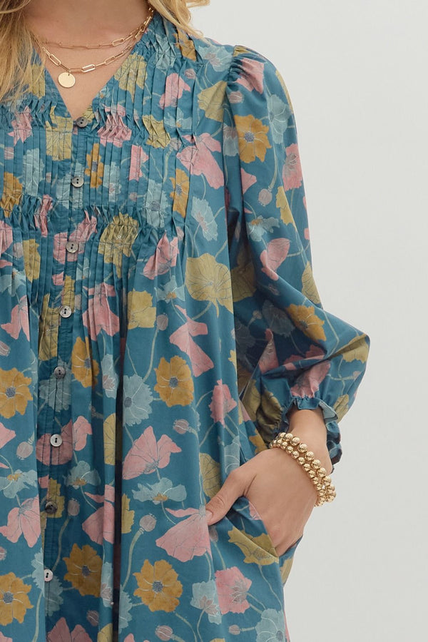 Floral 3/4 Sleeve V-Neck Dress- Teal