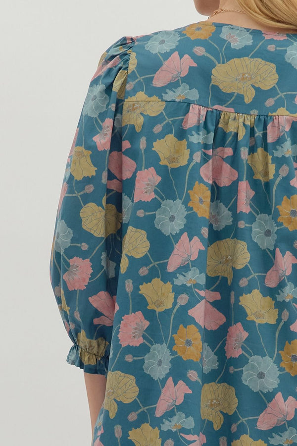 Floral 3/4 Sleeve V-Neck Dress- Teal