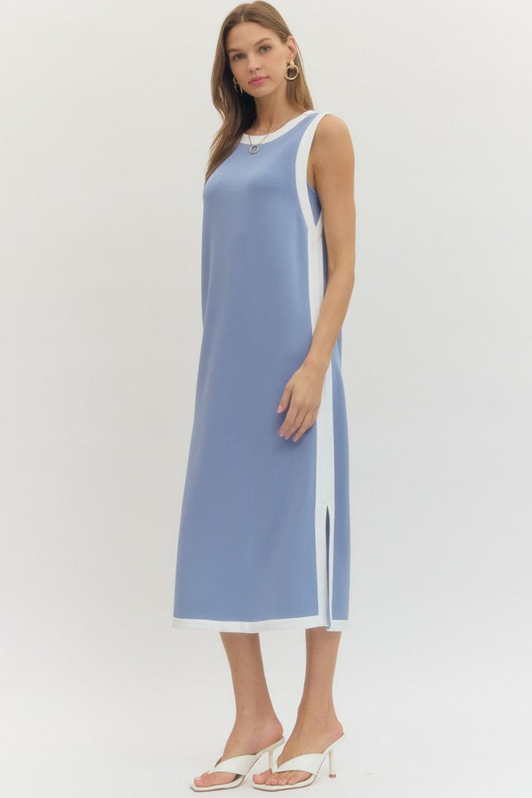 Solid Sleeveless Dress- Blue