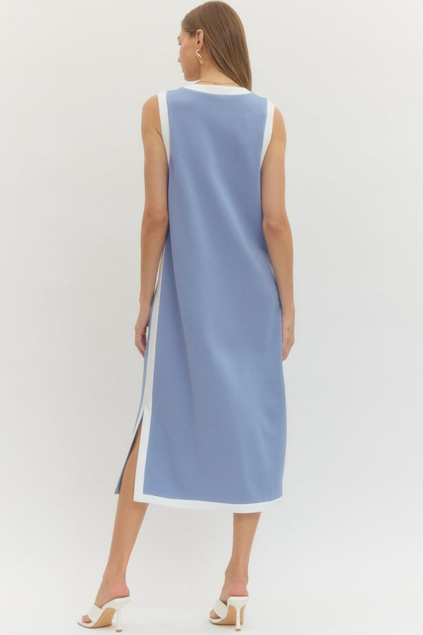 Solid Sleeveless Dress- Blue
