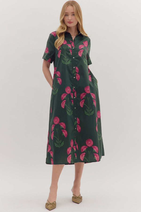 Floral Print Button Closure Dress- Hunter Green