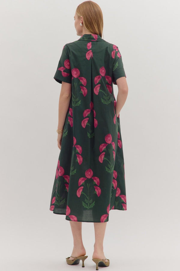 Floral Print Button Closure Dress- Hunter Green