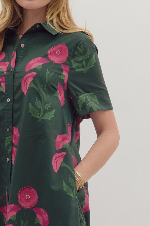 Floral Print Button Closure Dress- Hunter Green