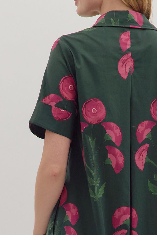 Floral Print Button Closure Dress- Hunter Green