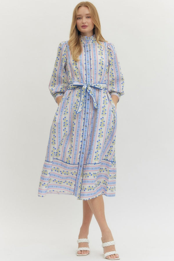 Floral Stripe Puff Sleeve Dress- Blue