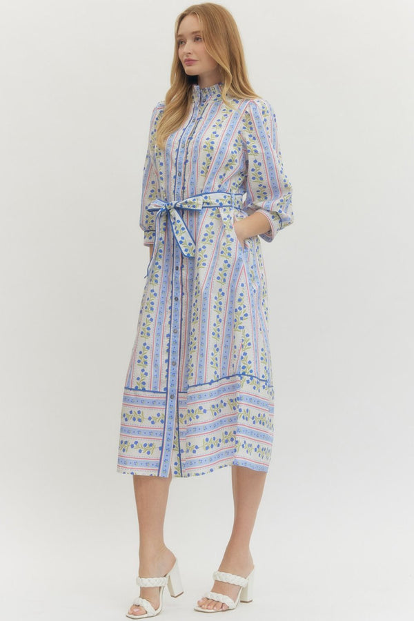 Floral Stripe Puff Sleeve Dress- Blue Adult Medium