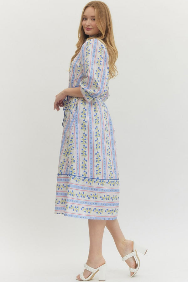 Floral Stripe Puff Sleeve Dress- Blue