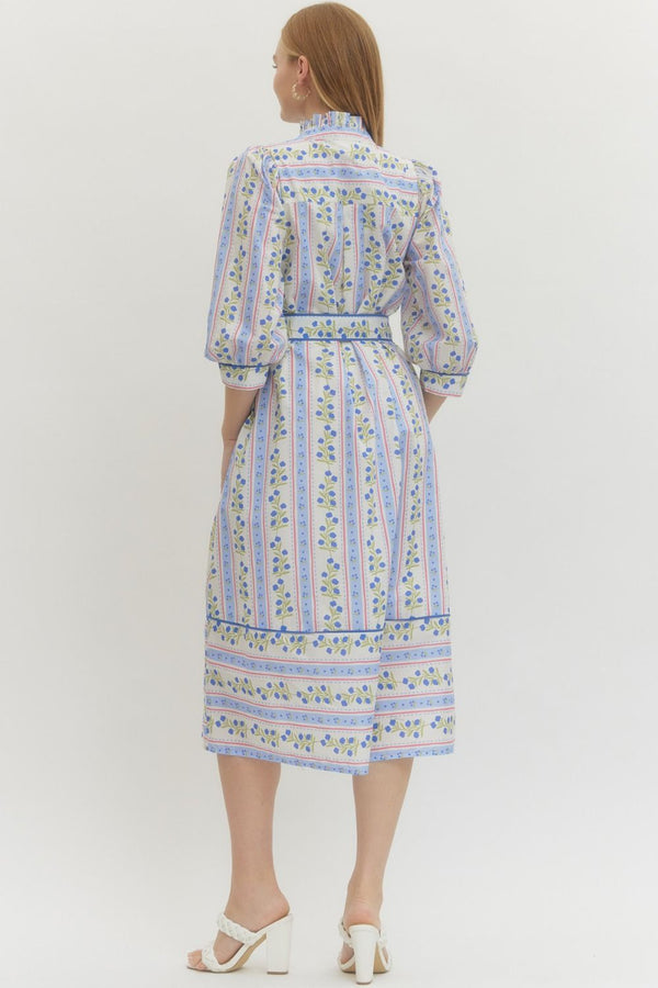 Floral Stripe Puff Sleeve Dress- Blue