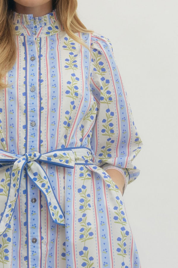Floral Stripe Puff Sleeve Dress- Blue