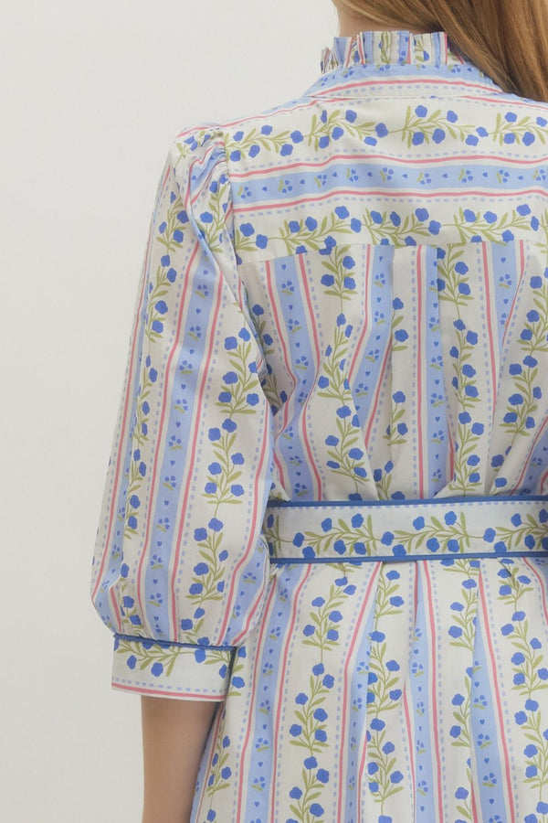 Floral Stripe Puff Sleeve Dress- Blue