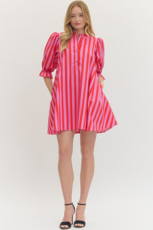 Striped 3/4 Puff Sleeve Dress- Pink/Red
