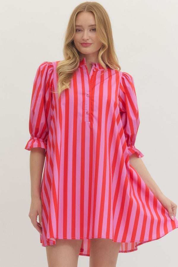 Striped 3/4 Puff Sleeve Dress- Pink/Red