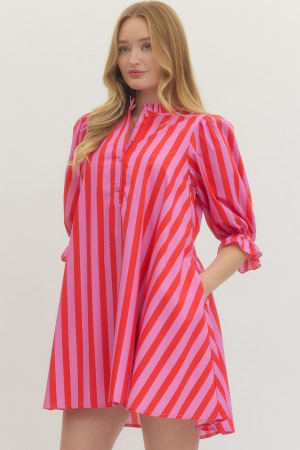 Striped 3/4 Puff Sleeve Dress- Pink/Red