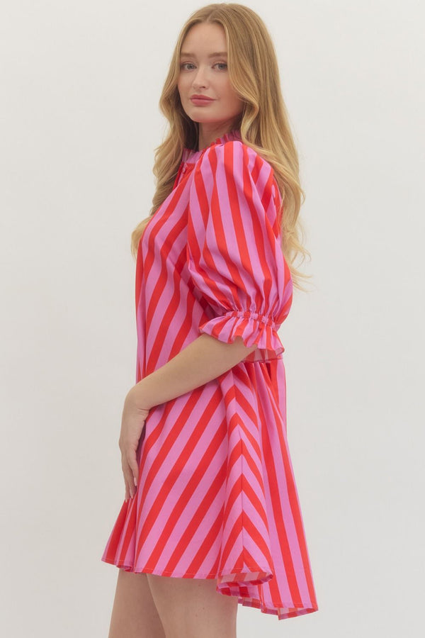 Striped 3/4 Puff Sleeve Dress- Pink/Red
