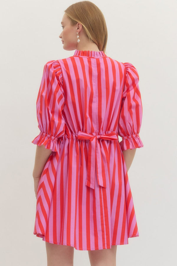 Striped 3/4 Puff Sleeve Dress- Pink/Red