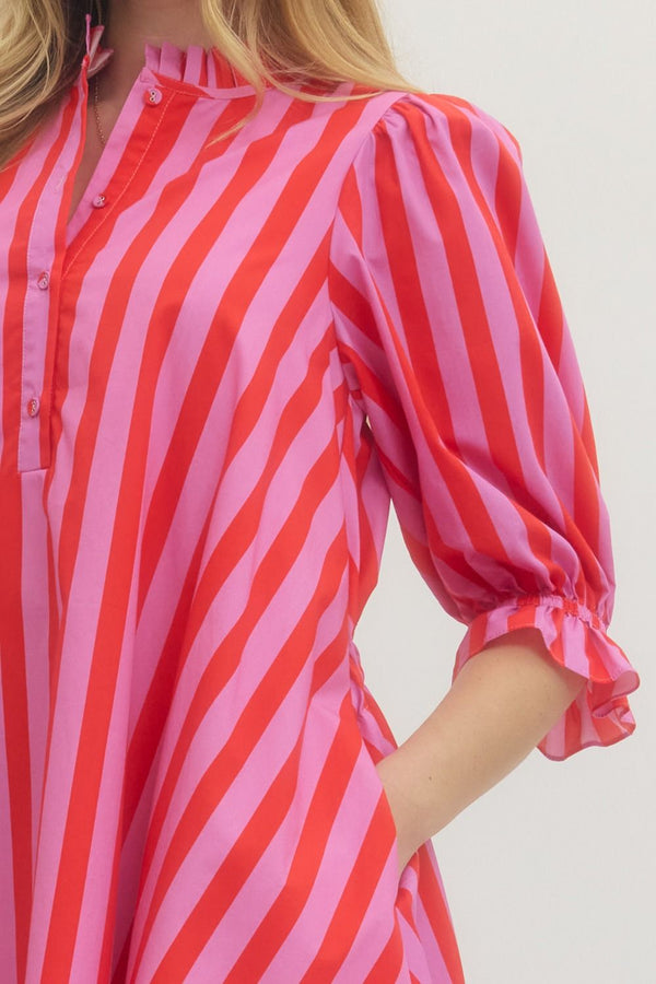 Striped 3/4 Puff Sleeve Dress- Pink/Red