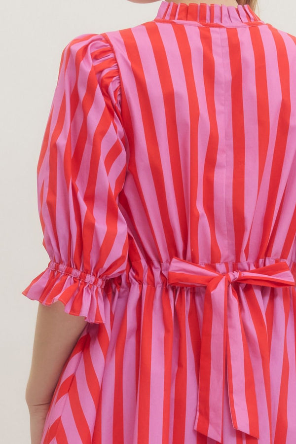 Striped 3/4 Puff Sleeve Dress- Pink/Red
