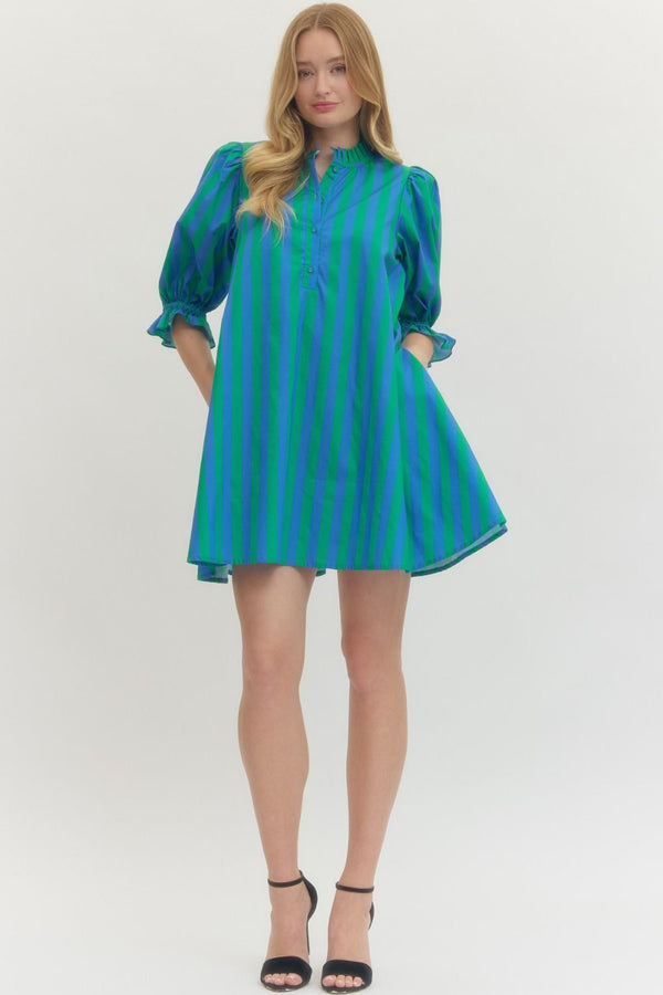 Striped 3/4 Puff Sleeve Dress- Green/Blue