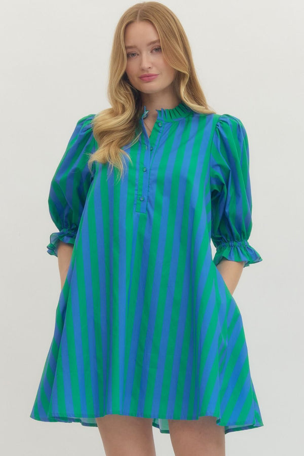 Striped 3/4 Puff Sleeve Dress- Green/Blue