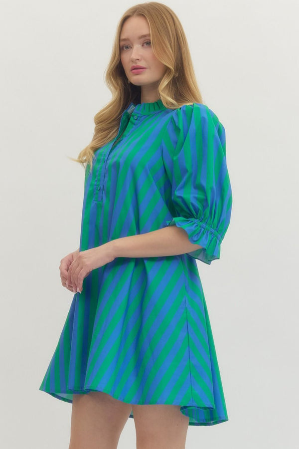 Striped 3/4 Puff Sleeve Dress- Green/Blue