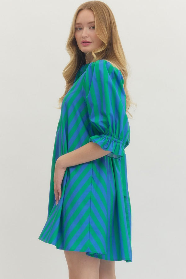 Striped 3/4 Puff Sleeve Dress- Green/Blue