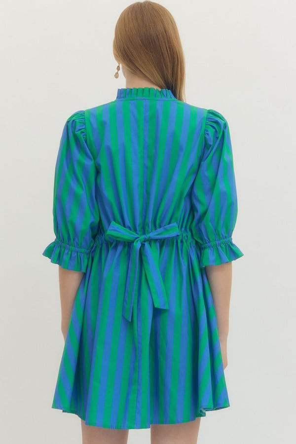 Striped 3/4 Puff Sleeve Dress- Green/Blue