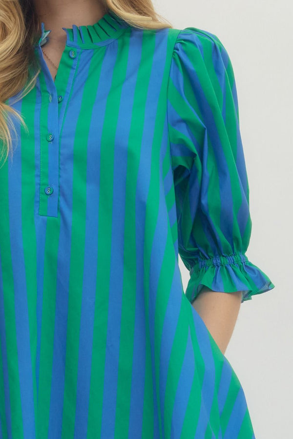 Striped 3/4 Puff Sleeve Dress- Green/Blue