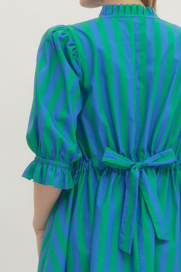 Striped 3/4 Puff Sleeve Dress- Green/Blue