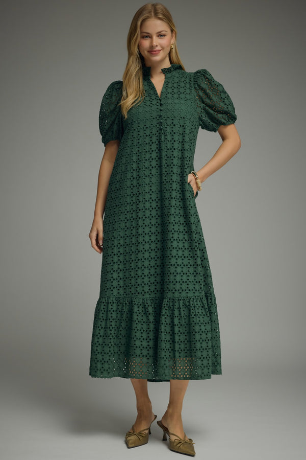 Eyelet Short Puff Sleeve Dress- H. Green